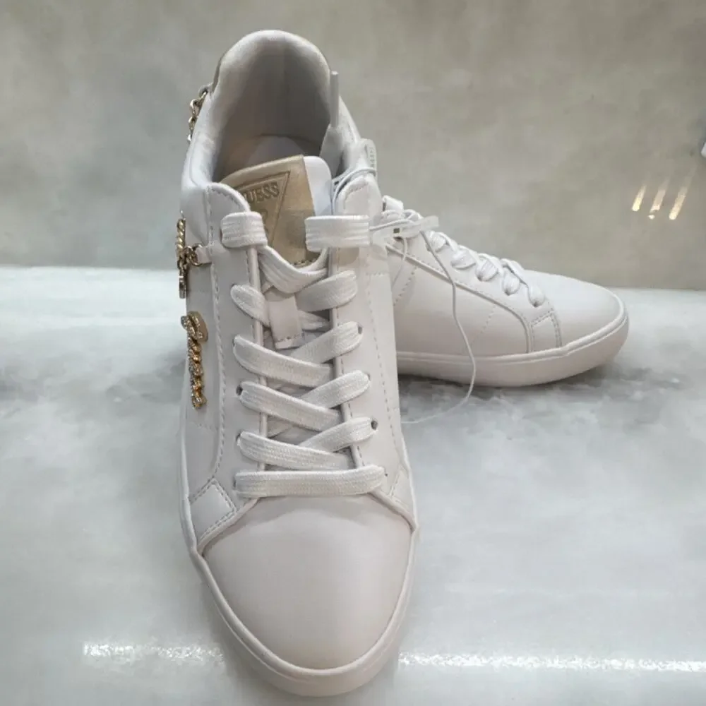 GUESS Women's White Gold Sneakers Charm Accent Logo Lace Up Low Top - Picture 3 of 5